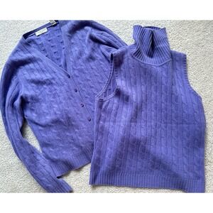 Lord & Taylor 2 Ply 100% Cashmere Cardigan Sweater & Turtleneck Sleeveless Vest
